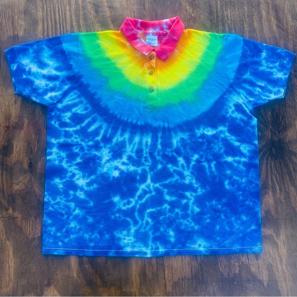 Gildan Men's Tie-Dye Polo - Blue, Yellow, Red